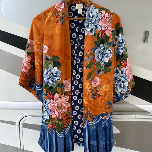 Chico's Tops - Floral KIMONO Size 0 Orange Blue Open Front 3/4 Sleeve Floral Whimsical Boho